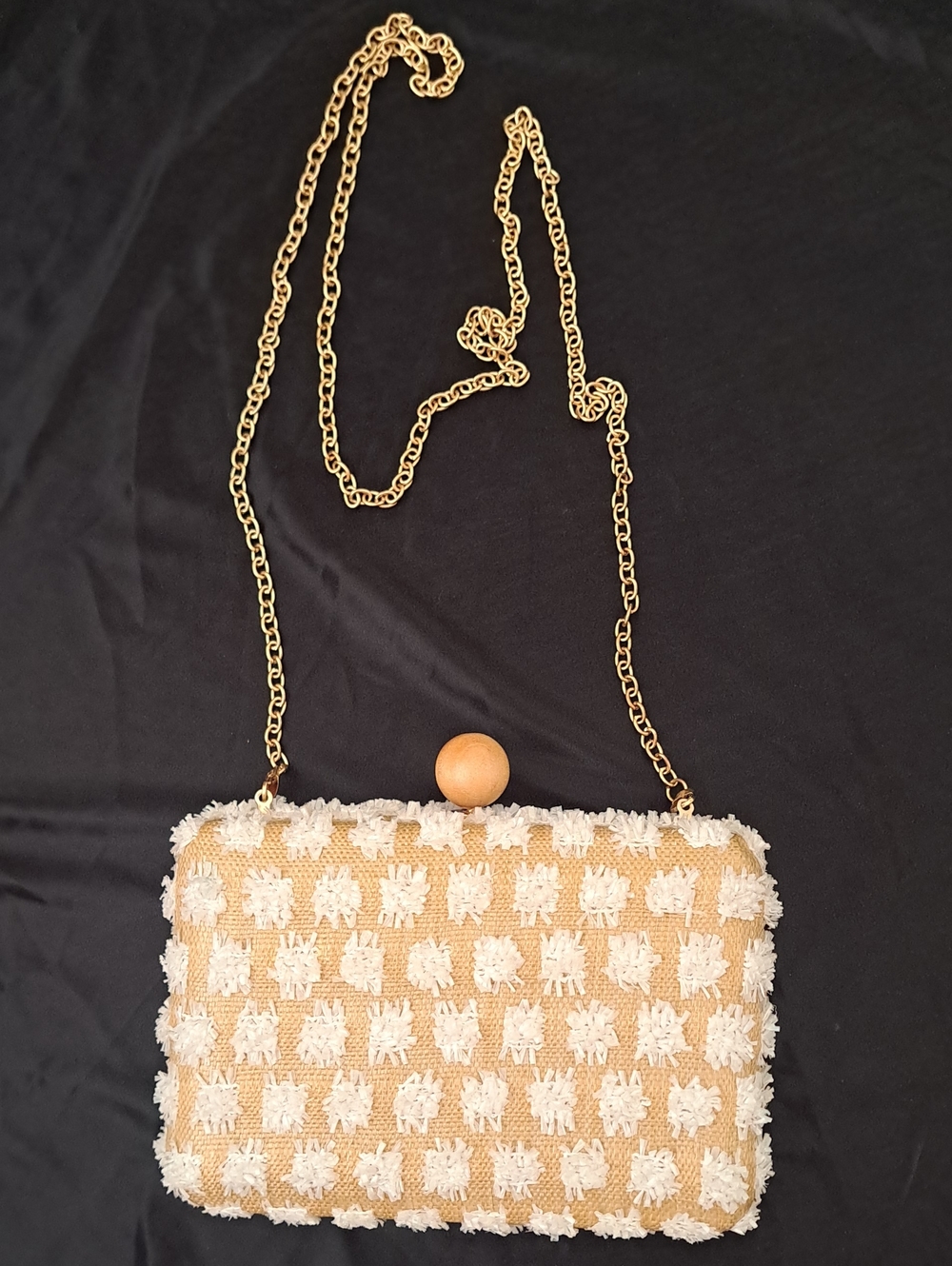 Textured Beige and White Clutch with Gold Chain Strap